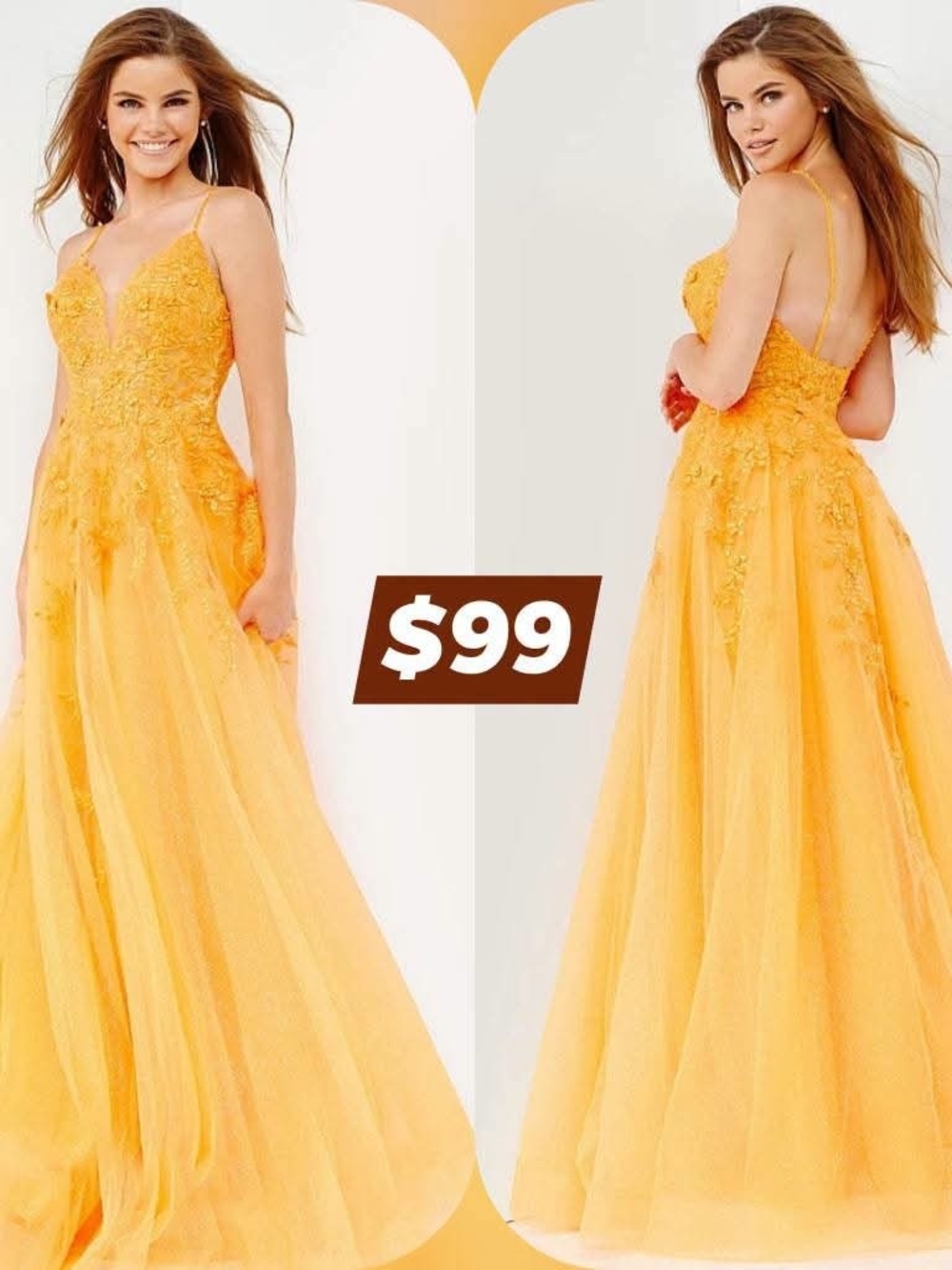 Jovani Orange Spaghetti-Strap A-Line Evening Gown